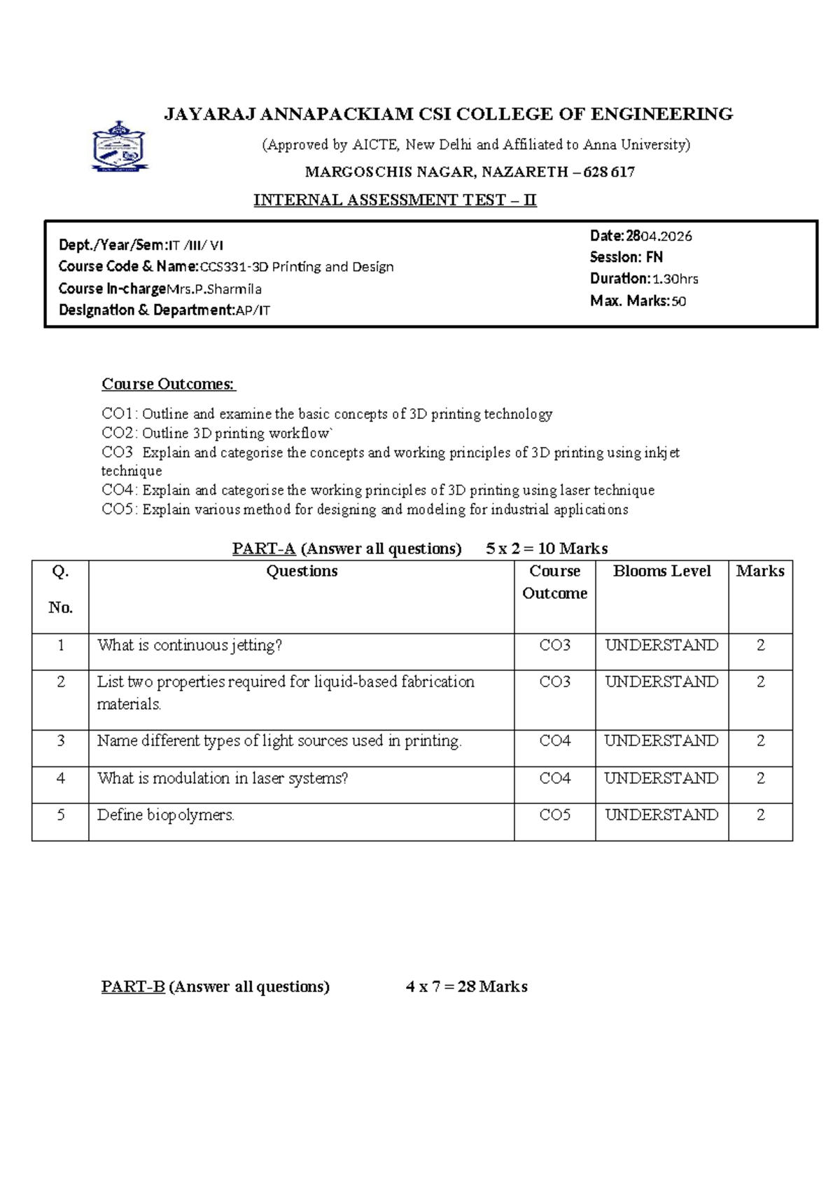 3D Printing and Design Internal Assessment Test II (Course Code: VI ...