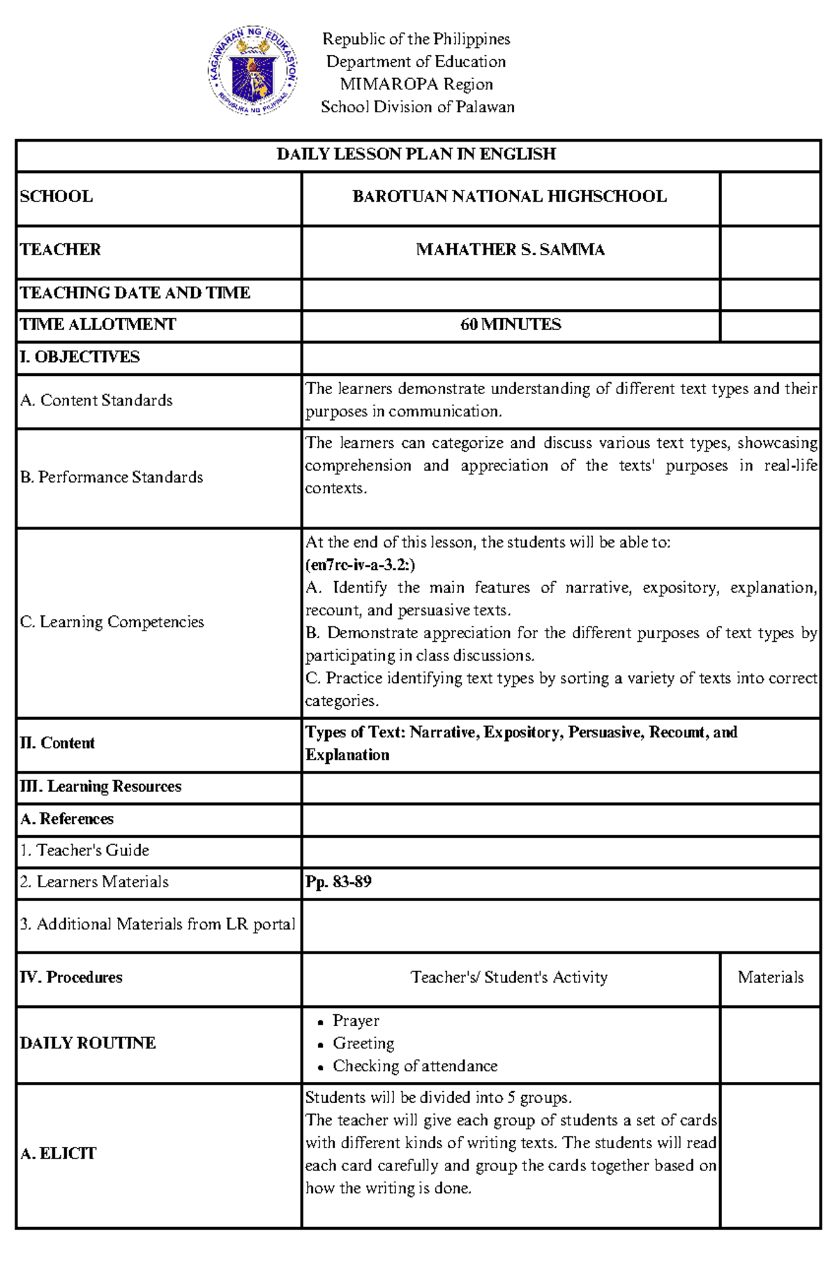7E's Format in EN7RC Lesson Planning for Text Types - Studocu
