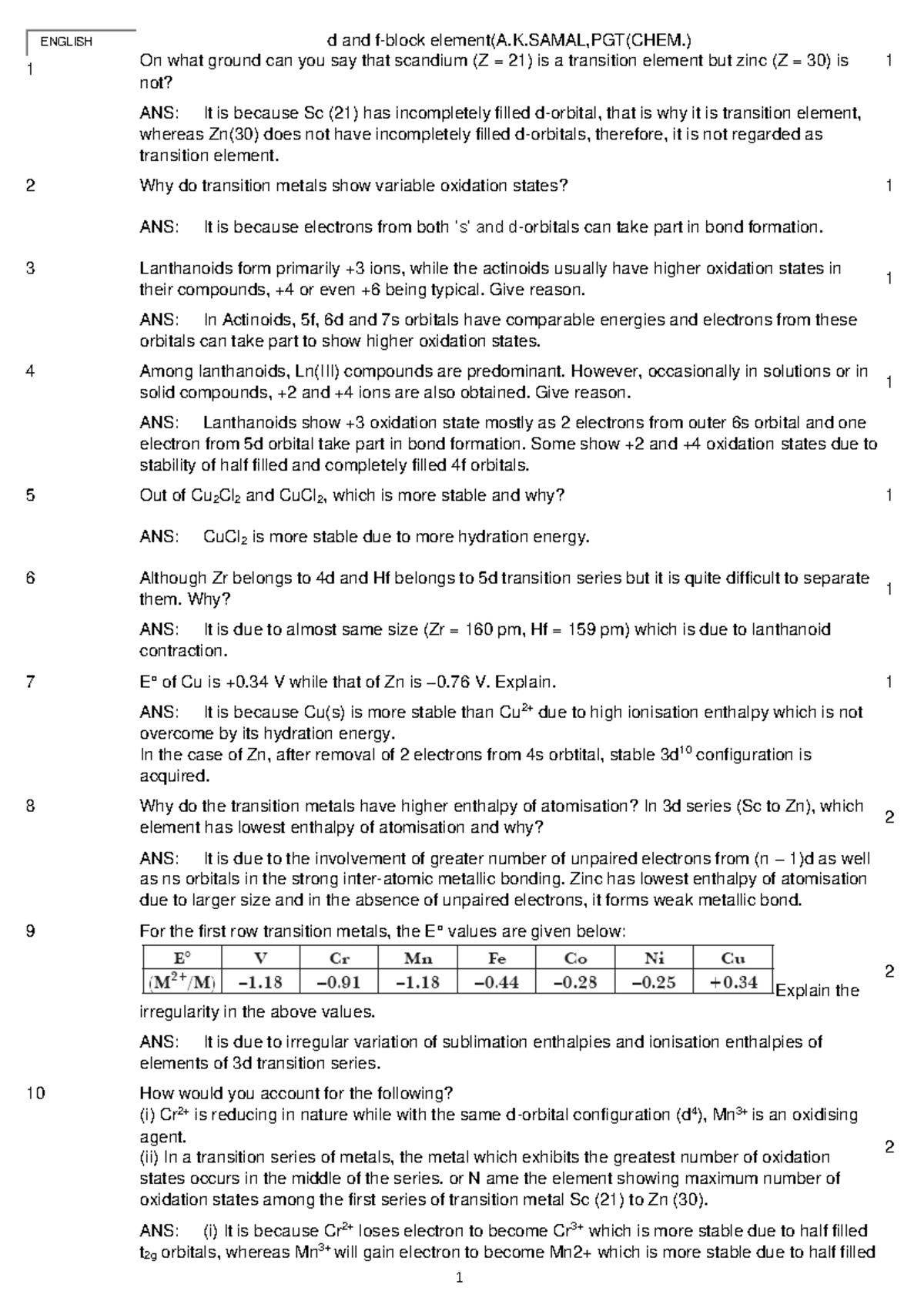 D AND F Block Elements - No I don't - ENGLISH 1 d and f-block element(A ...