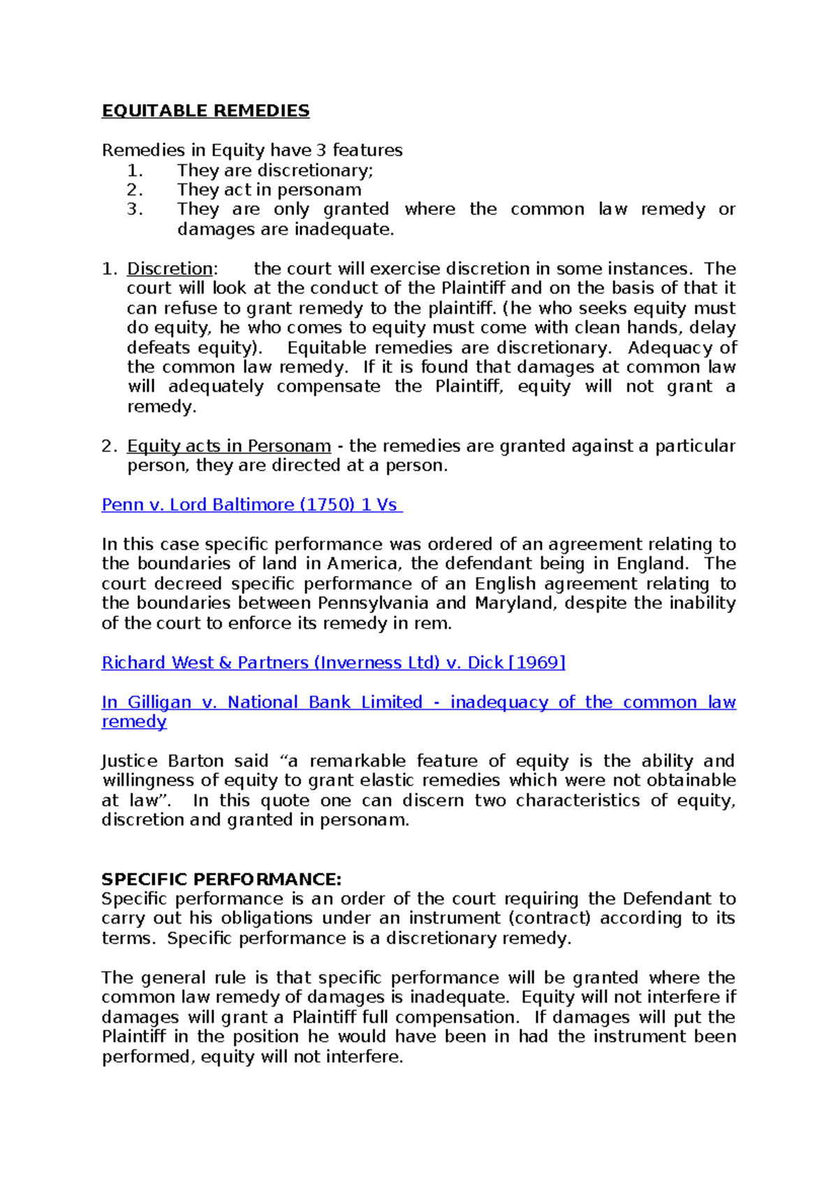 EQU 301: Equitable Remedies - Key Concepts and Case Law Insights - Studocu