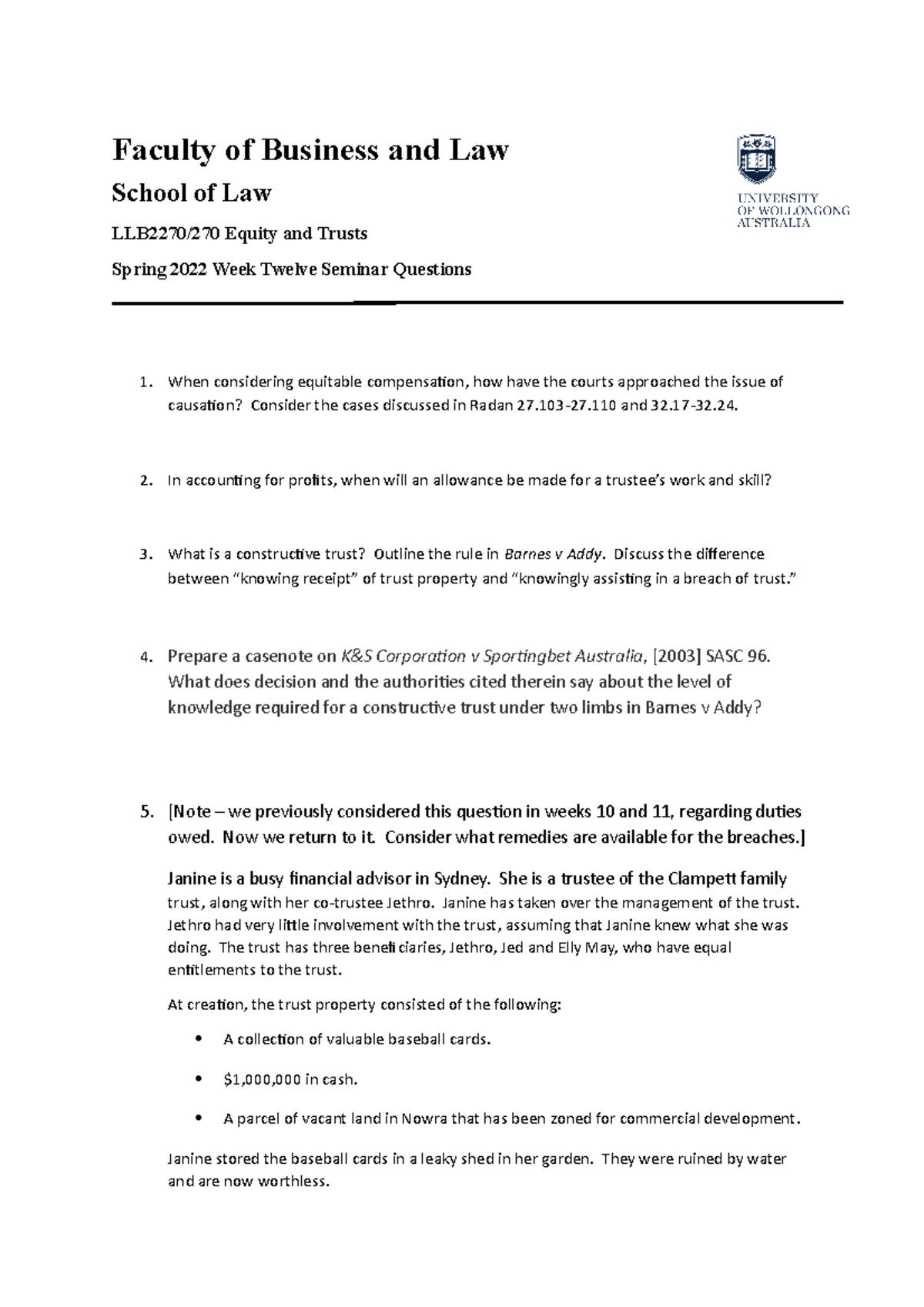 LLB 2270 2022 Equity and Trusts Week 12 Seminar Questions Analysis ...