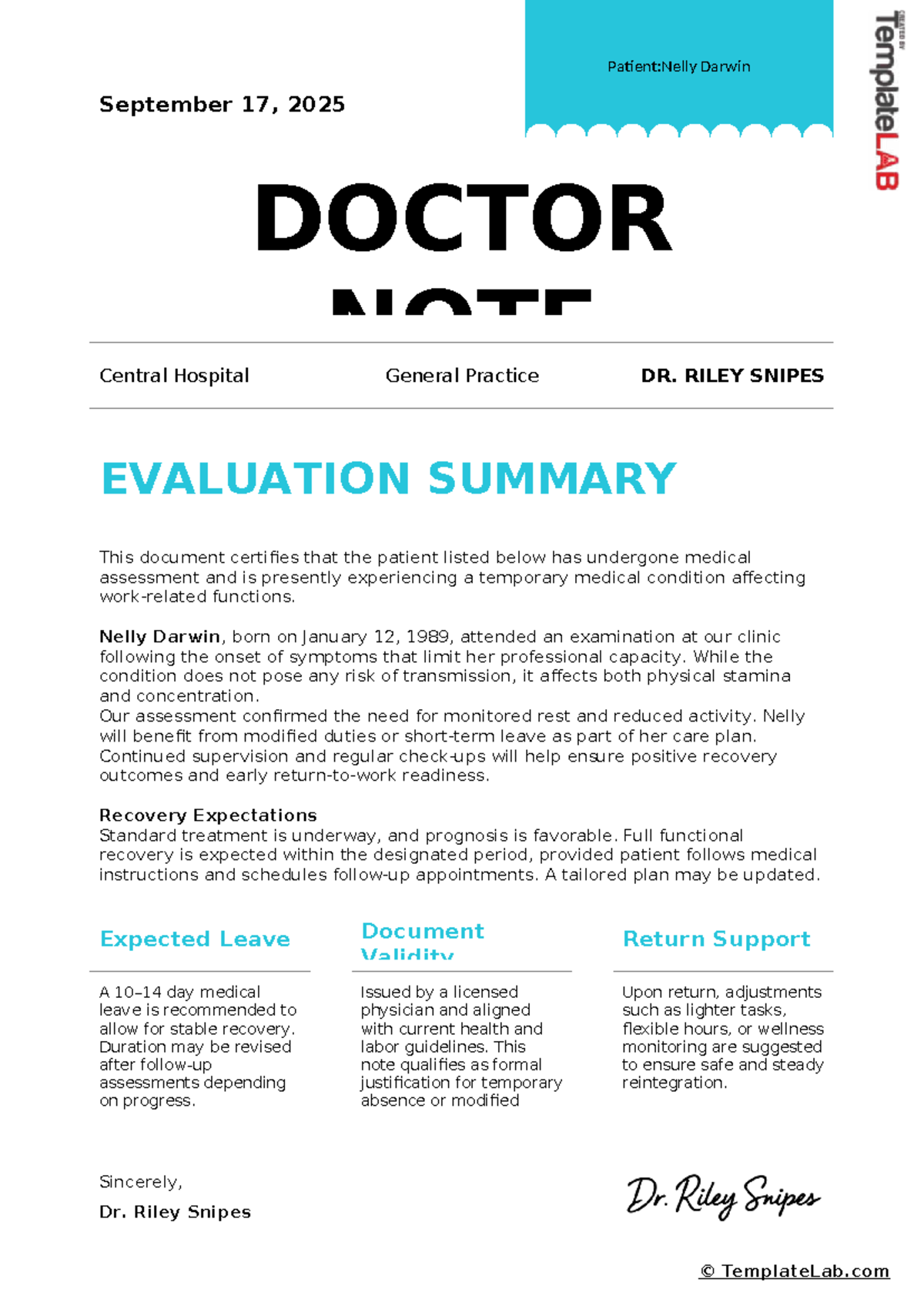 Patient Evaluation Summary: Doctor Note for Nelly Darwin (2025) - Studocu