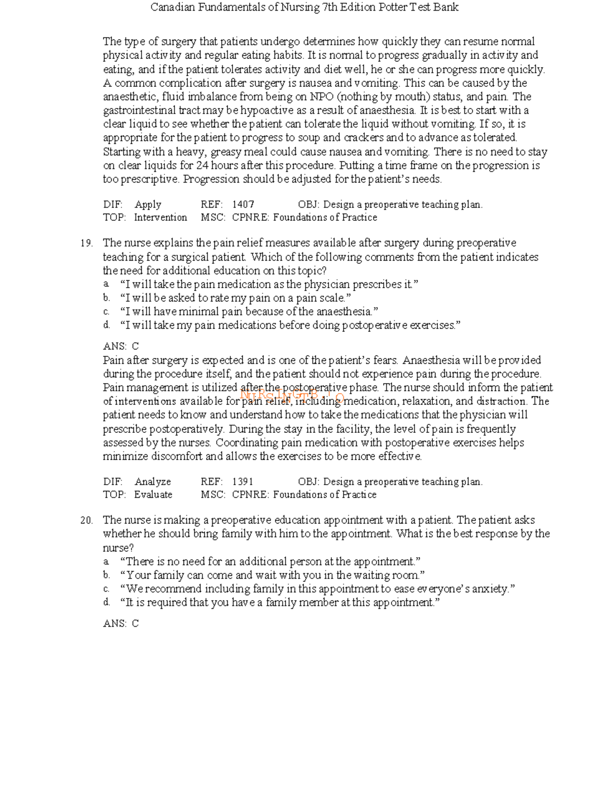 Canadian Fundamentals of Nursing 7th Ed. Potter Test Bank Insights ...