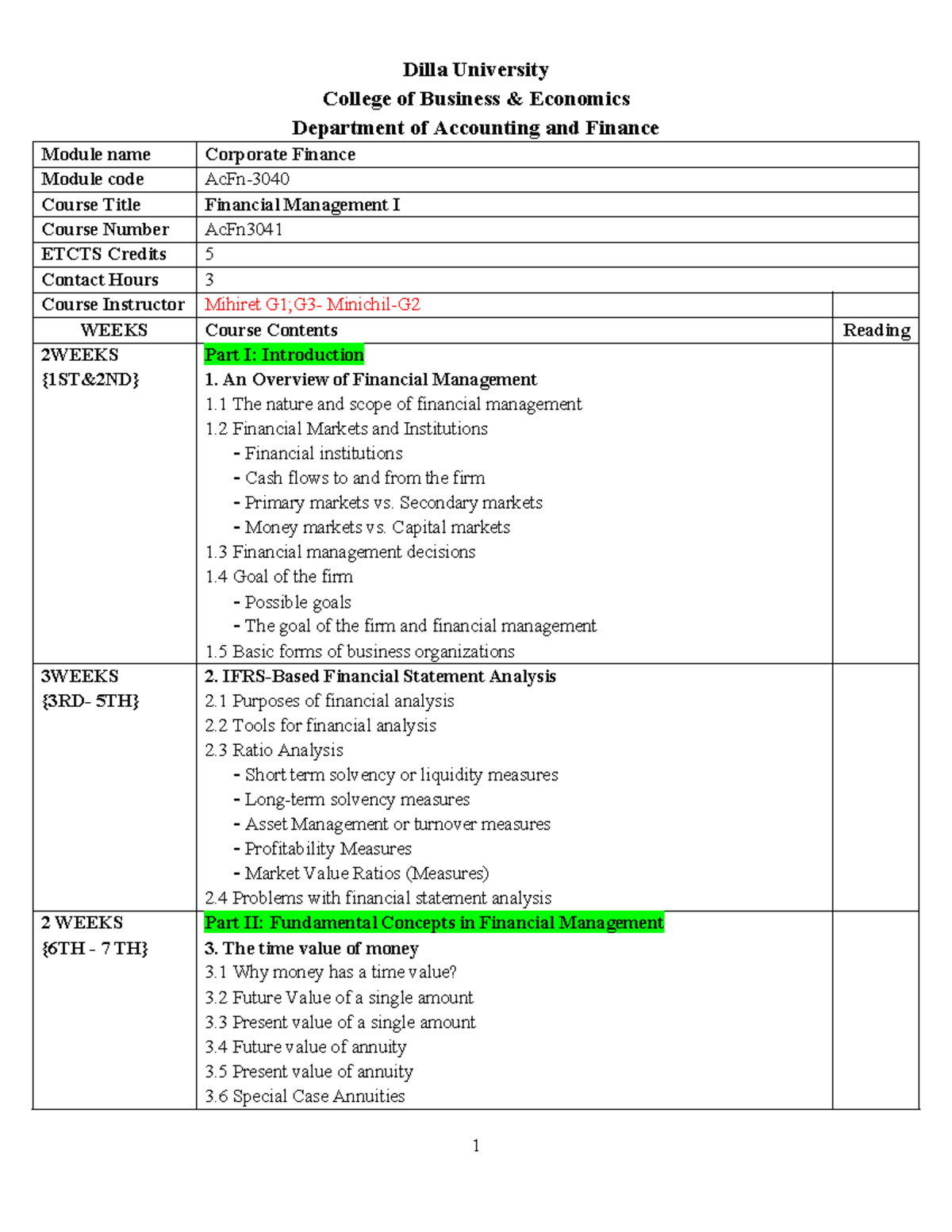 Corporate Finance Course Outline - AcFn3041 - Studocu