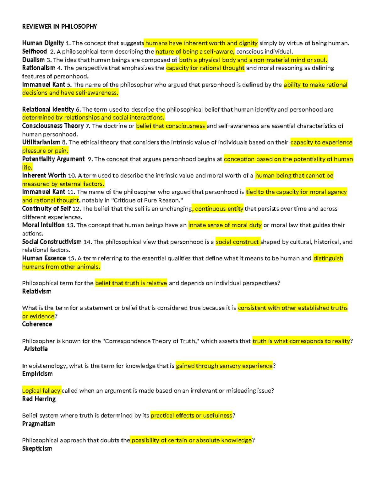 Philosophy Review Notes: Concepts, Theories, and Key Thinkers - Studocu