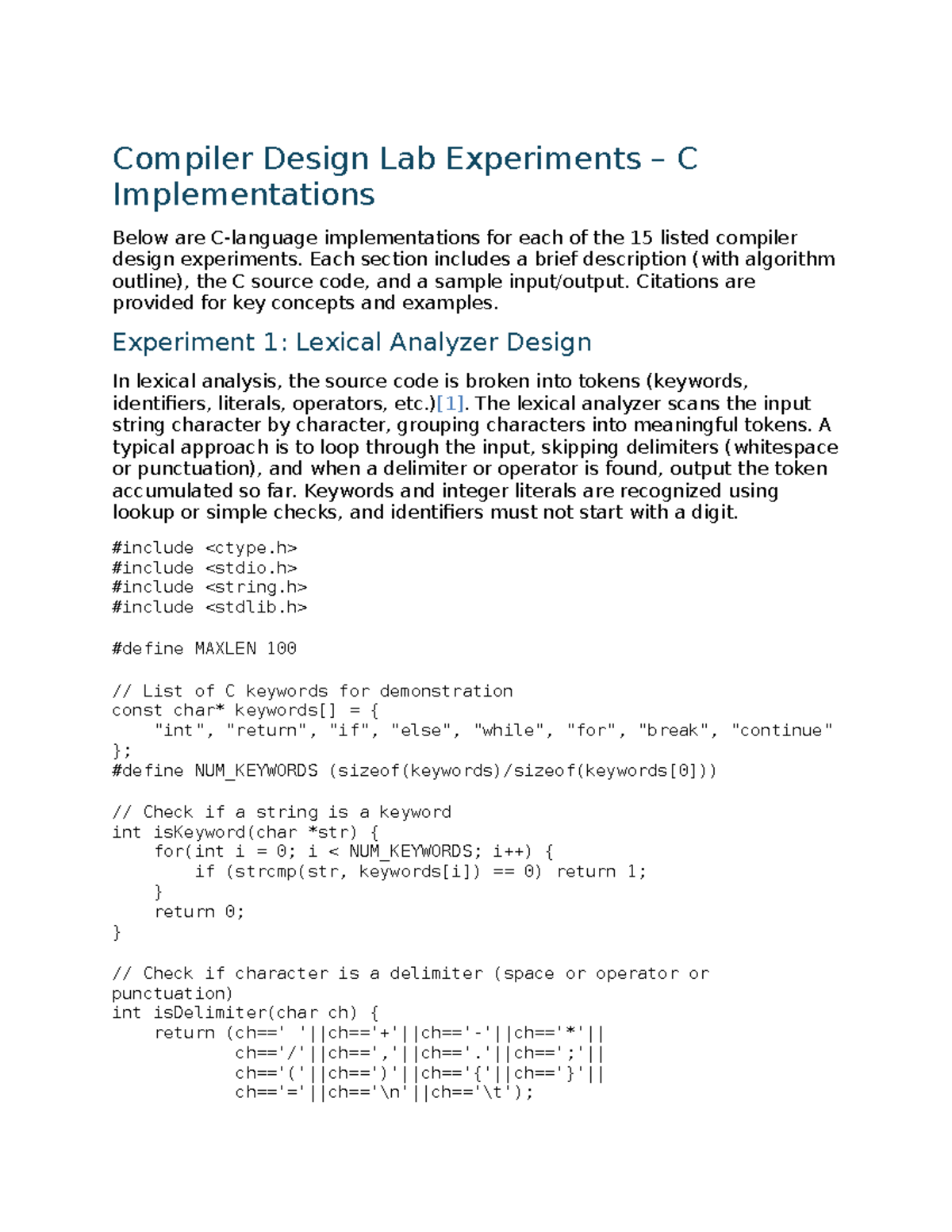 Compiler Design Lab Experiments C Implementations Overview - Studocu