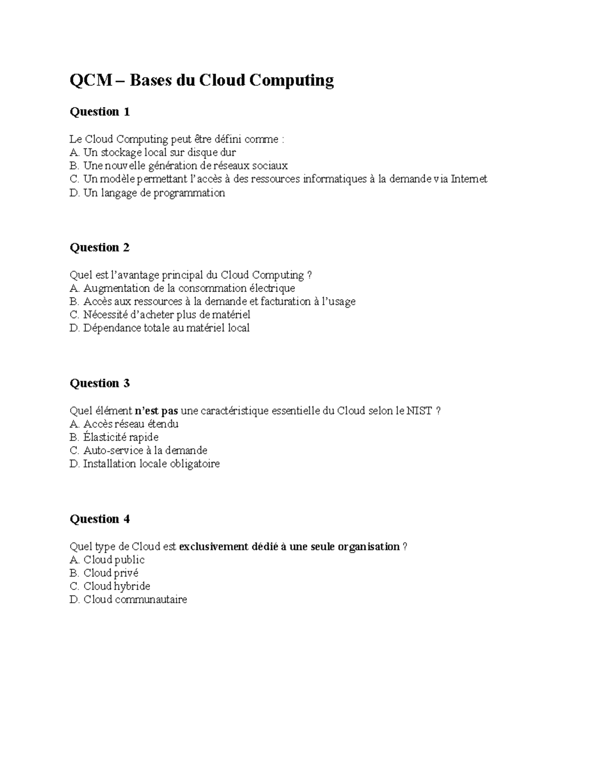 QCM 1 - Bases du Cloud Computing et Questions Essentielles - Studocu