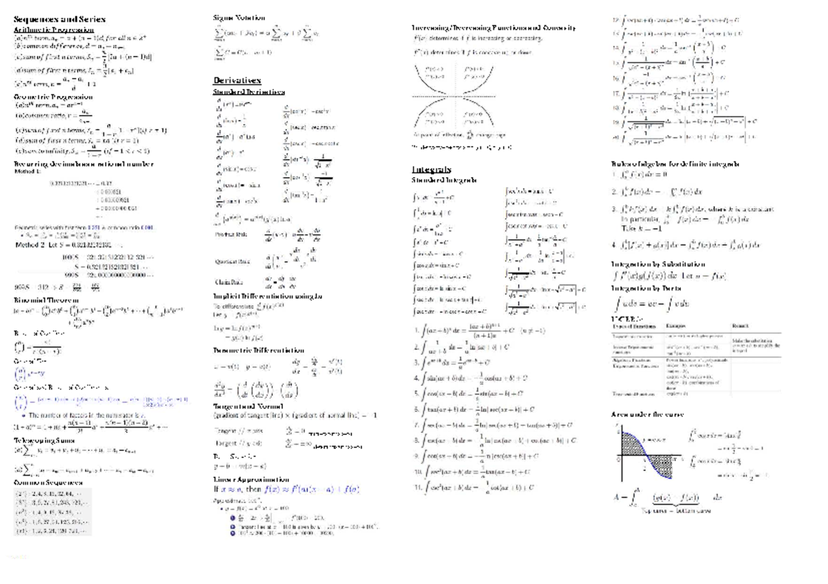 MA1301 Cheatsheet: Sequences, Series, and Calculus Concepts - Studocu