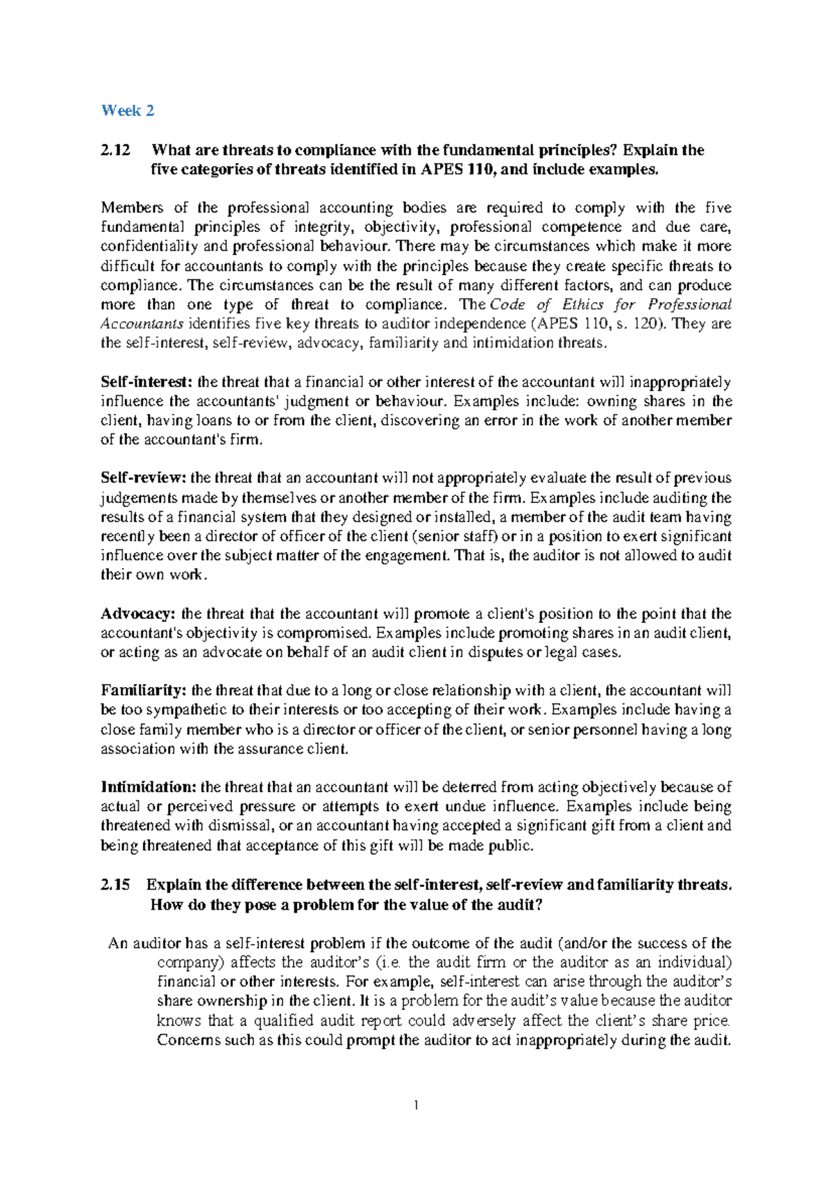 Week 2 Solutions - Threats to Auditor Independence Exploration - Studocu