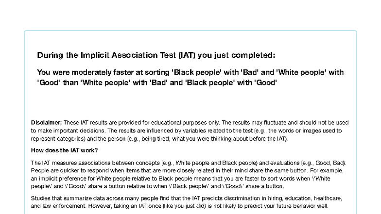 IAT Results Overview: Understanding Implicit Bias Test Findings - Studocu