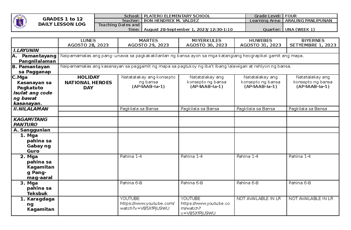 DLL WEEK 1 AP - DLL WEEK 1 AP - GRADES 1 to 12 DAILY LESSON LOG School ...