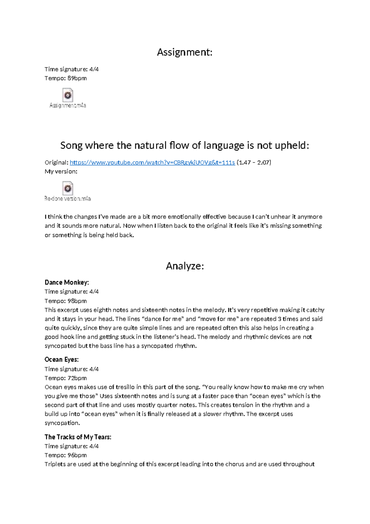 Assignment 2 - Analysis of Song Structures and Rhythms - Studocu