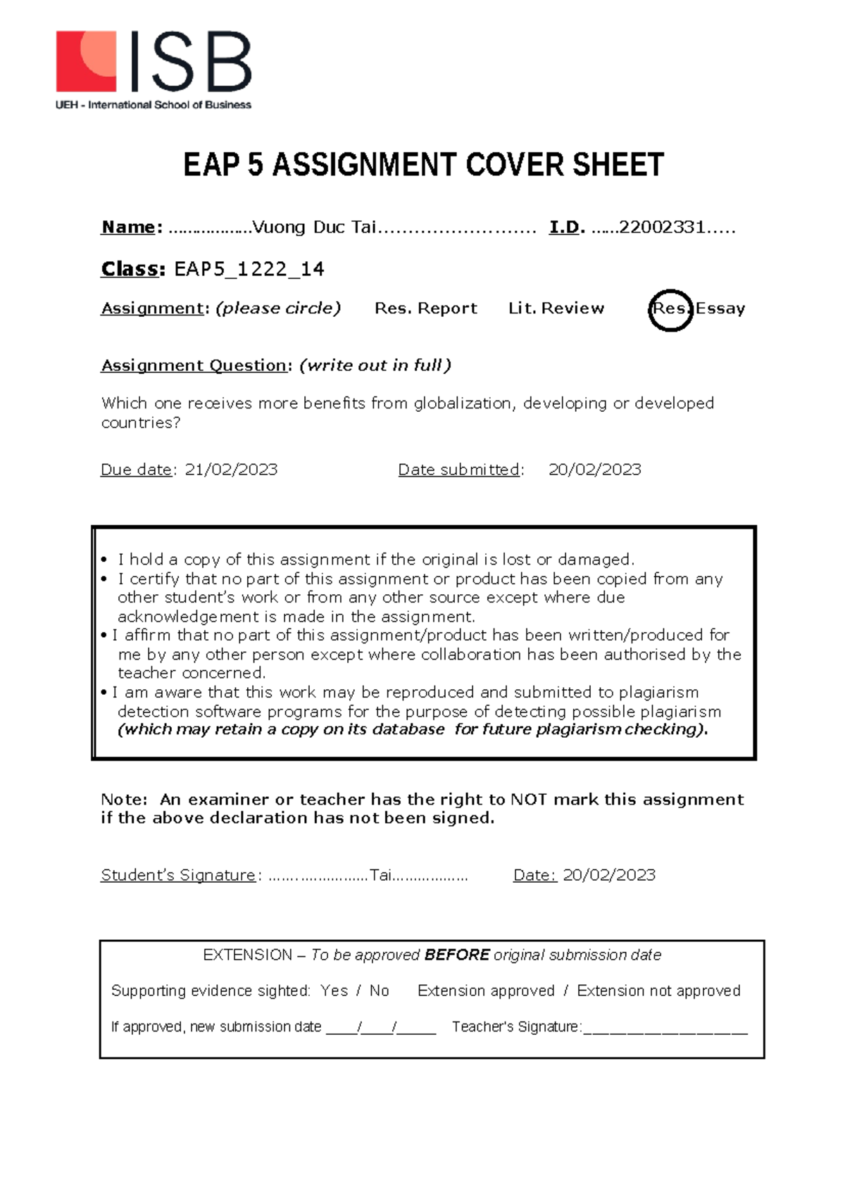 [ EAP5 1222 14] Vuong Duc Tai 22002 331 Research Essay - EAP 5 ...