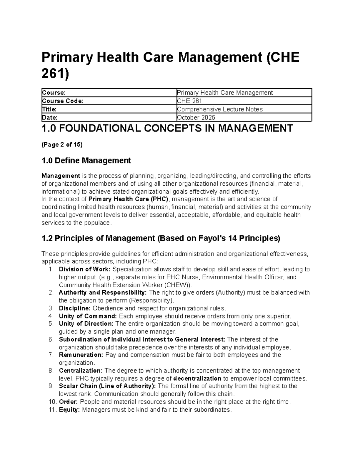 Primary Health Care Management (CHE 261) Comprehensive Lecture Notes ...