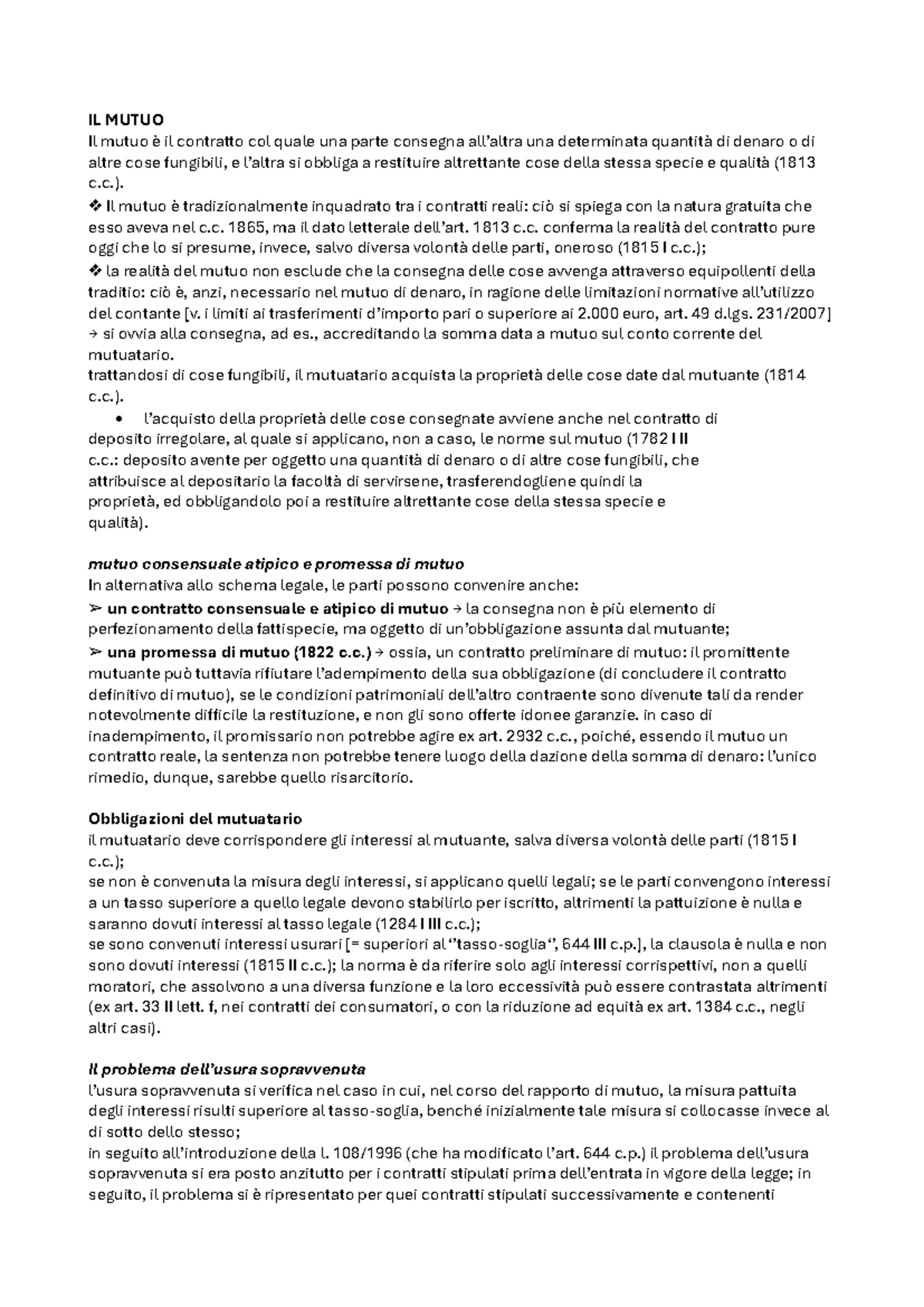 IL MUTUO: Analisi e Normativa del Contratto di Prestito - Studocu