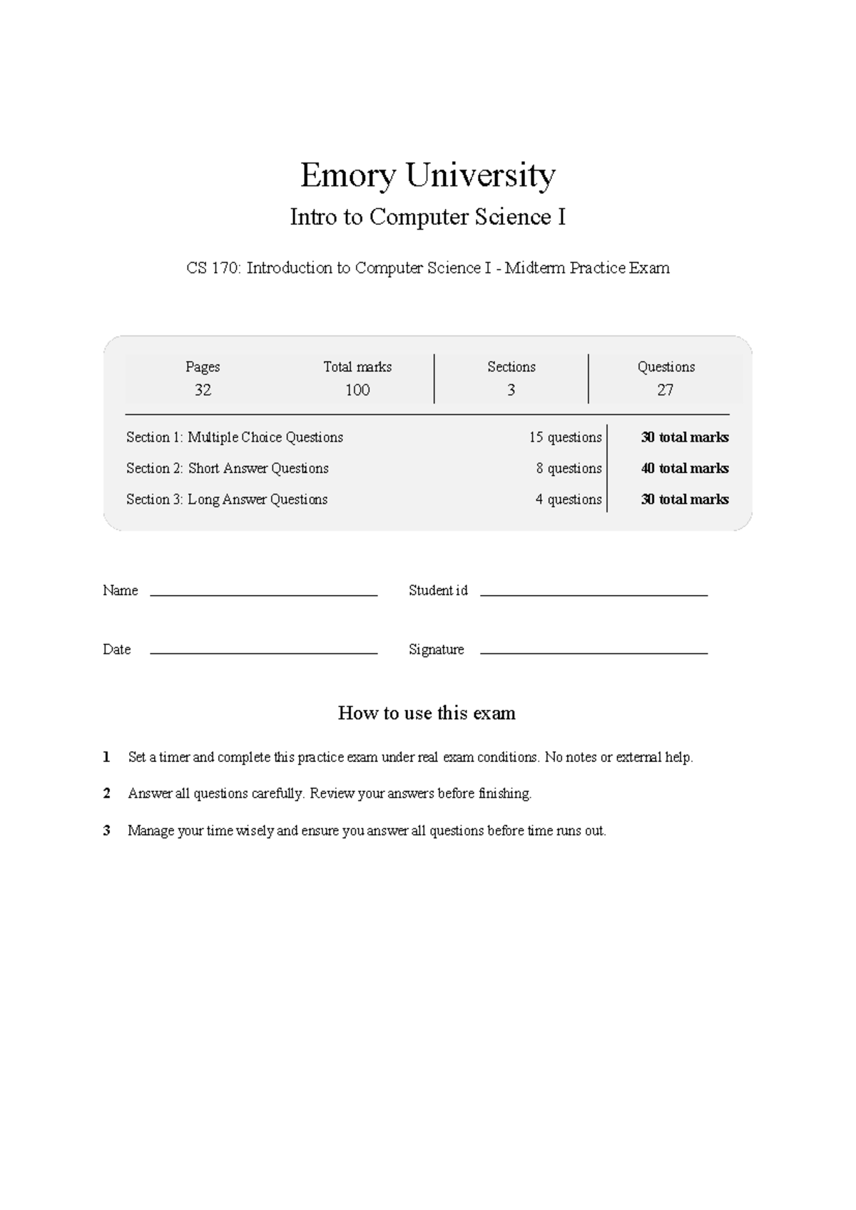 Emory University CS 170: Intro to Computer Science I Midterm Practice ...