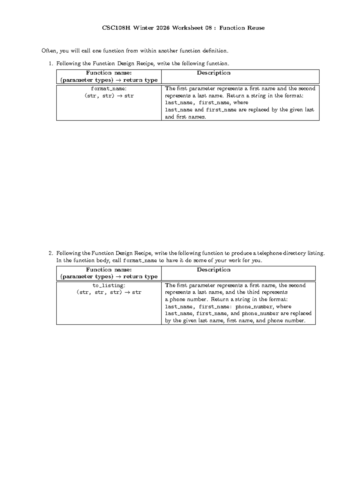CSC108H Winter 2026 Worksheet 08: Function Reuse and Design - Studocu