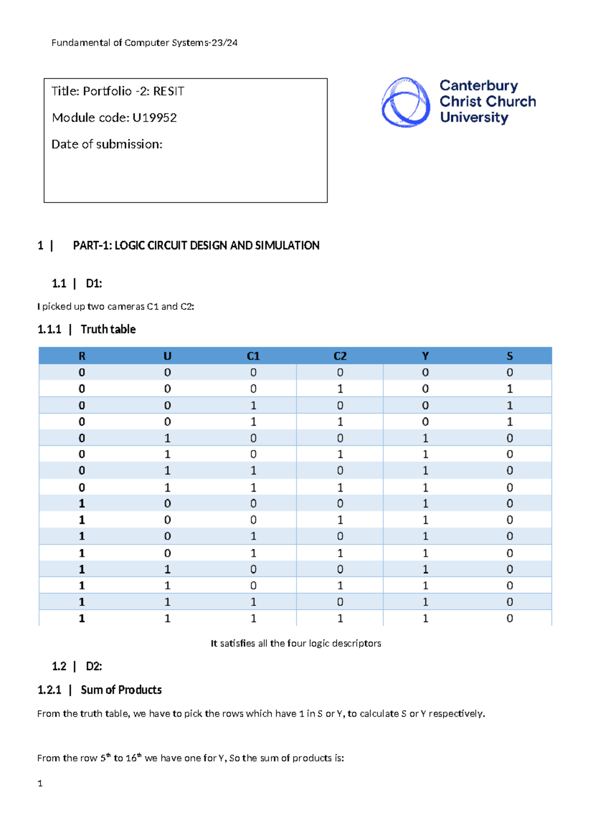 Resit FCS-A2-Report Template - 1 | PART-1: LOGIC CIRCUIT DESIGN AND ...