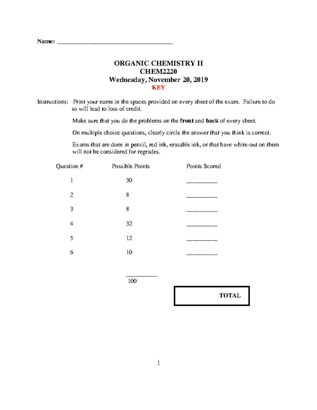 CHEM 2220 - Exam 3 Key - 2019 Organic Chemistry Answers - Studocu
