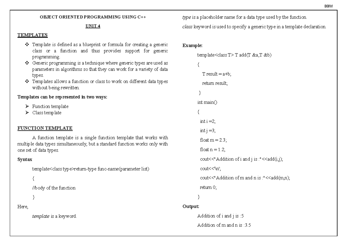 BBM C++ UNIT 4: Object-Oriented Programming & Templates Notes - Studocu