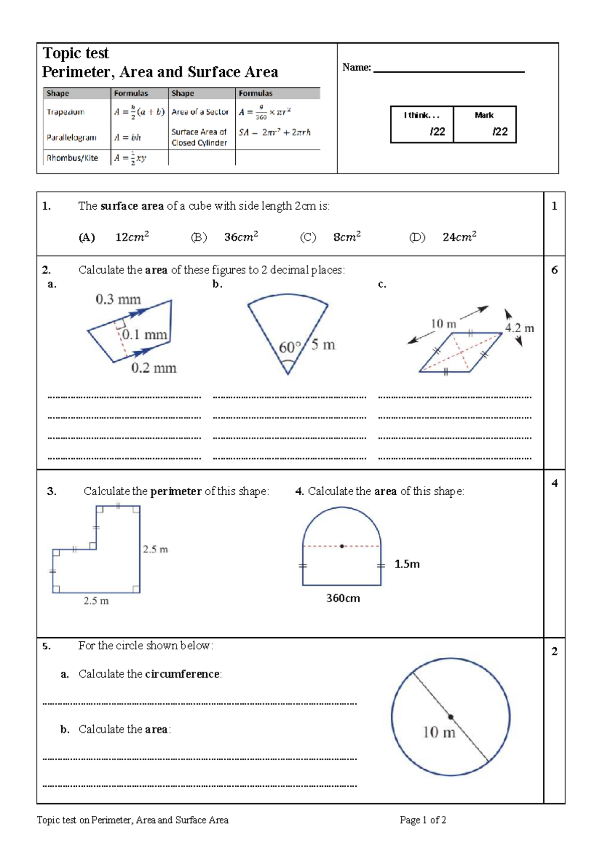 5.1-9MG, 5.2-11MG Topic Test: Perimeter, Area & Surface Area - Studocu