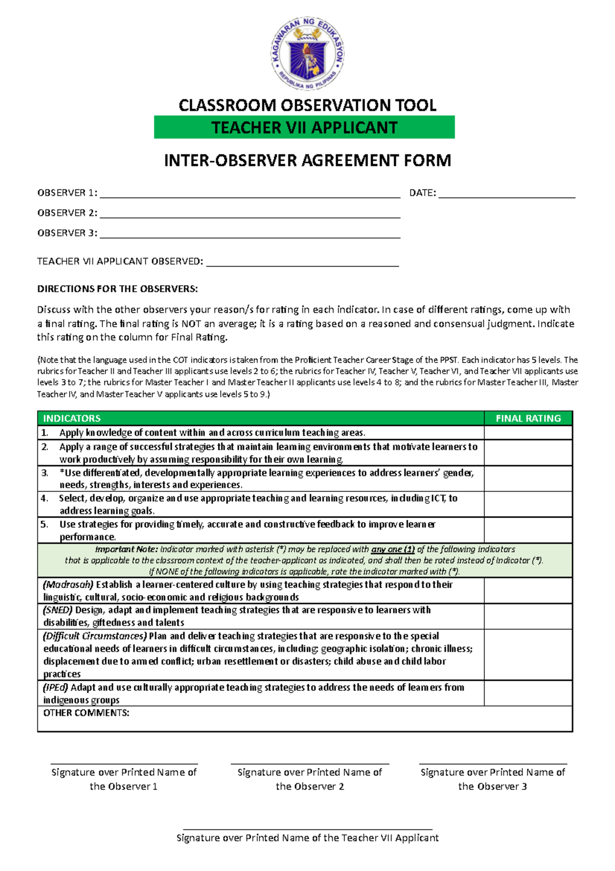 COT Inter Observer Agreement Form for Teacher VII Applicants - Studocu