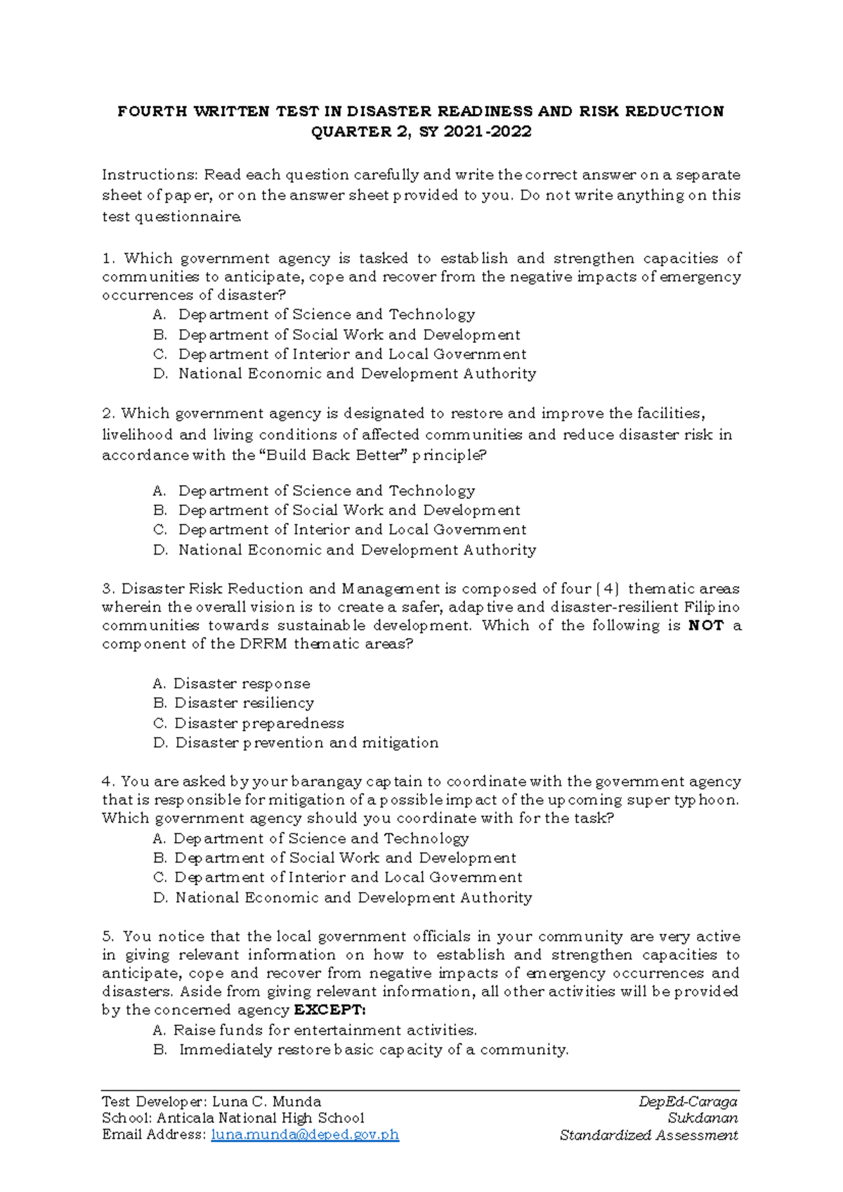 DRRR Q2 Summative Test 4: Disaster Readiness & Risk Reduction - Studocu