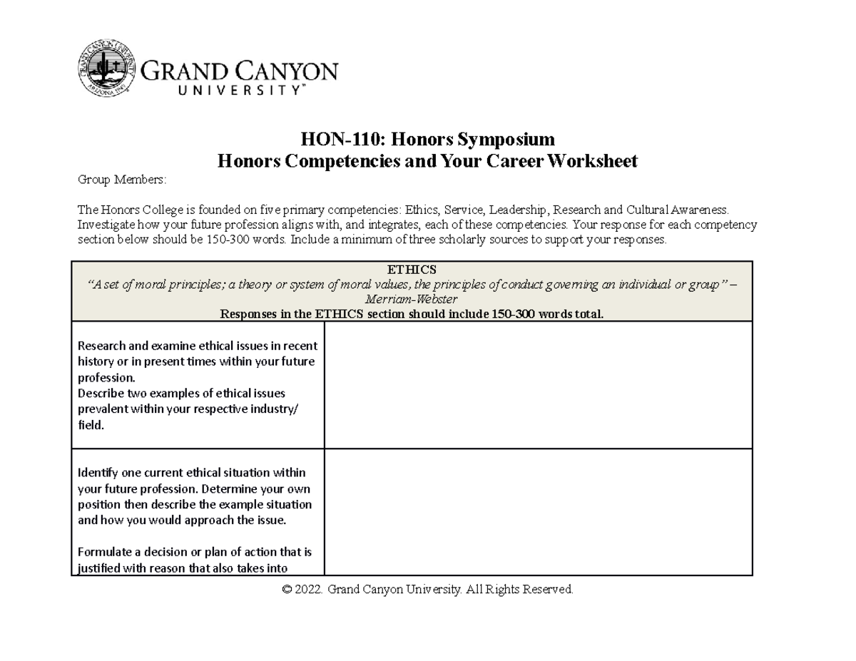 HON 110: Honors Competencies and Career Integration Worksheet - Studocu
