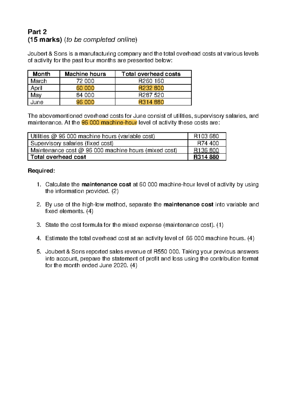 Semester Test 1 Part 2: Overhead Costs Calculation & Solutions - Studocu