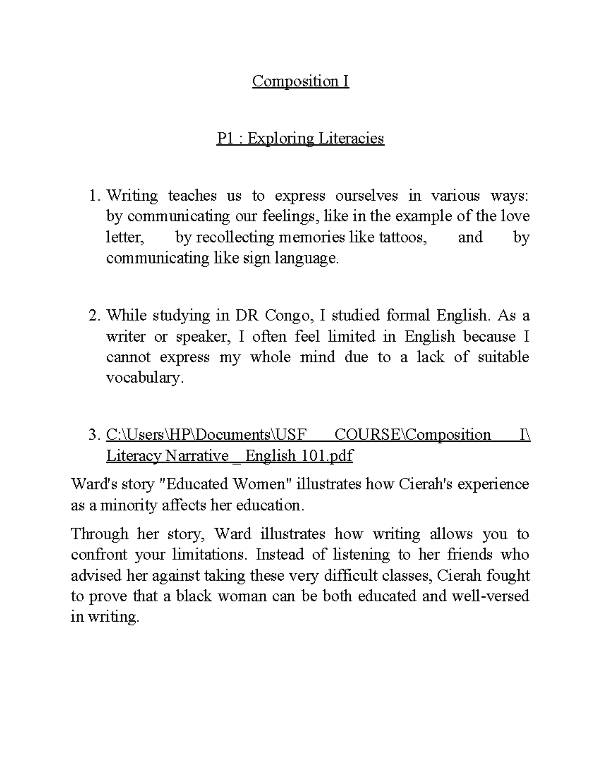 Composition I P1: Exploring Literacies and Self-Expression - Studocu