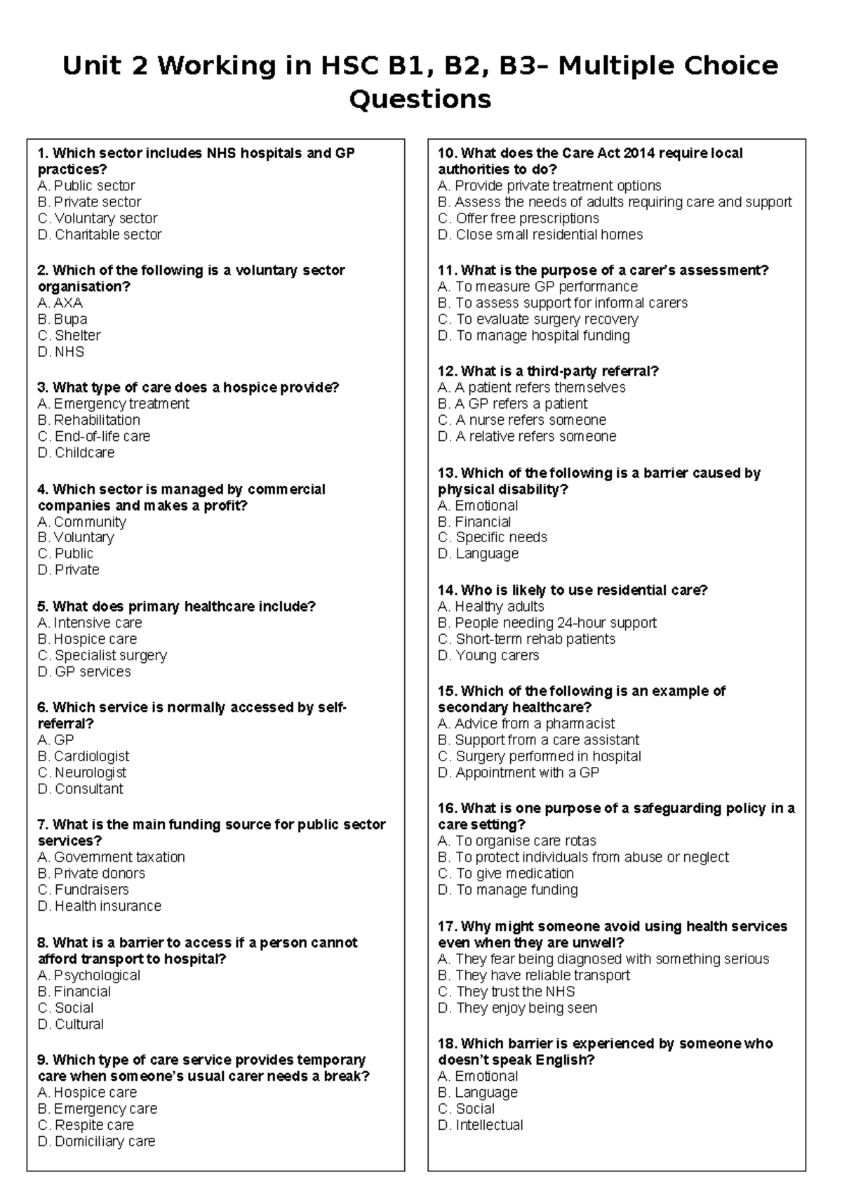HSC B1, B2, B3 MCQ - Multiple Choice Questions for Unit 2 Care Services ...