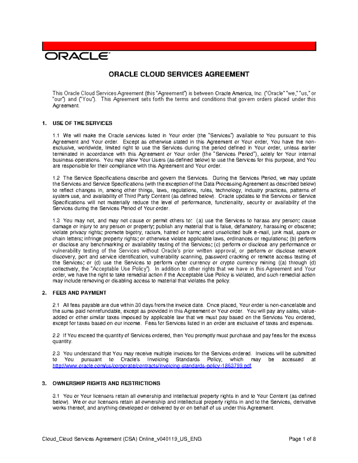 Cloud Services Agreement Overview: Oracle Agreement v040119 - Studocu