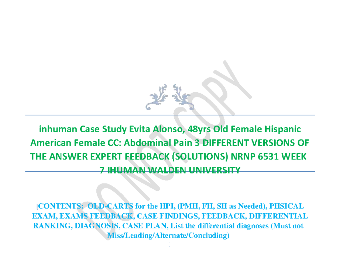 NRNP 6531 Week 7 iHuman Case Study: Evita Alonso - Abdominal Pain ...