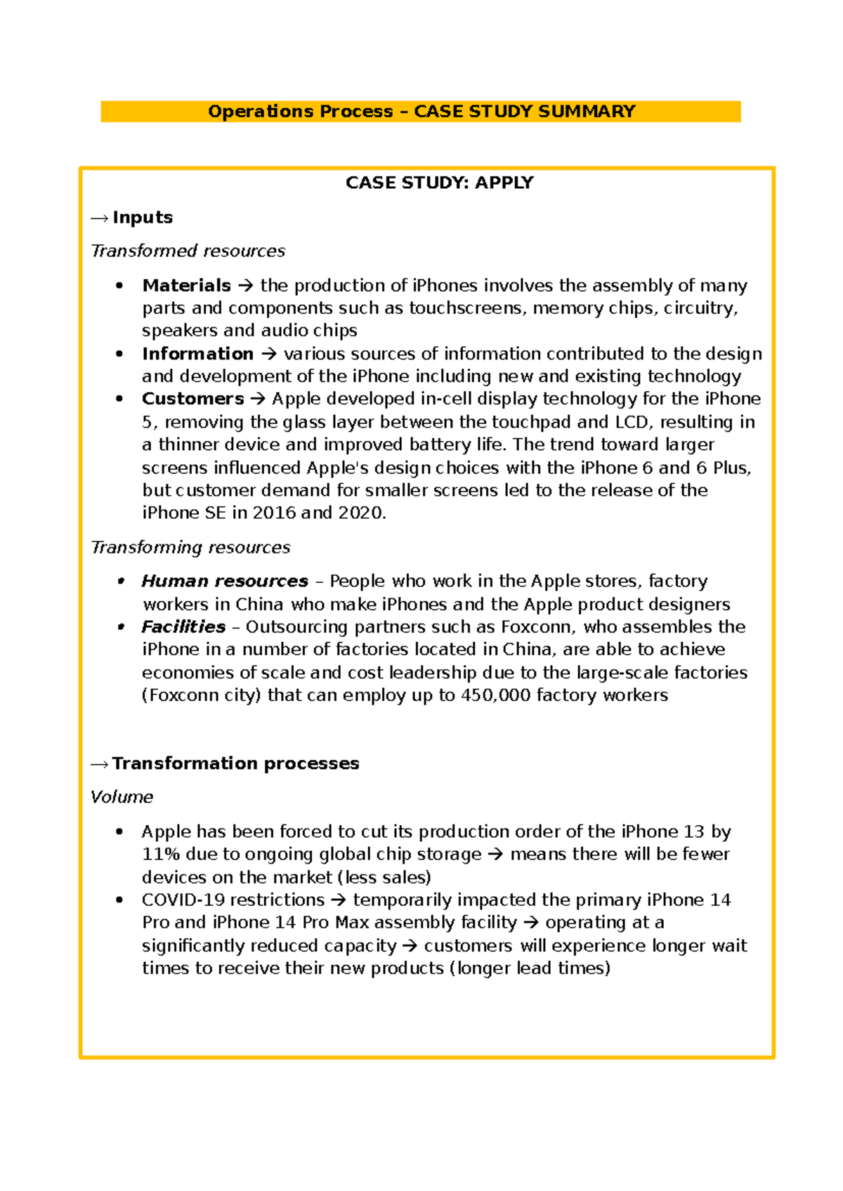 Operations Process - CASE Study Summary - Operations Process – CASE ...