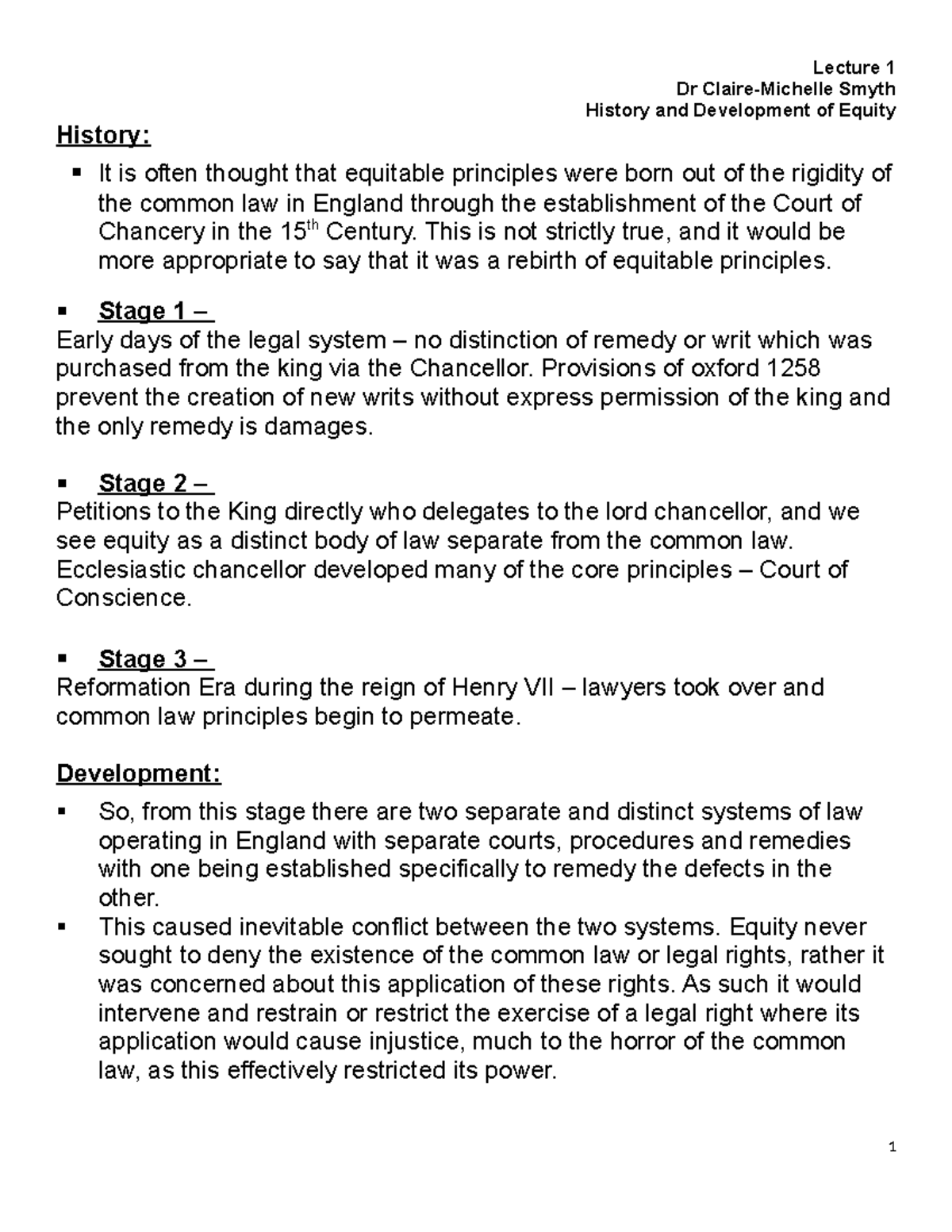 Lecture 1: History and Development of Equity Principles - Studocu