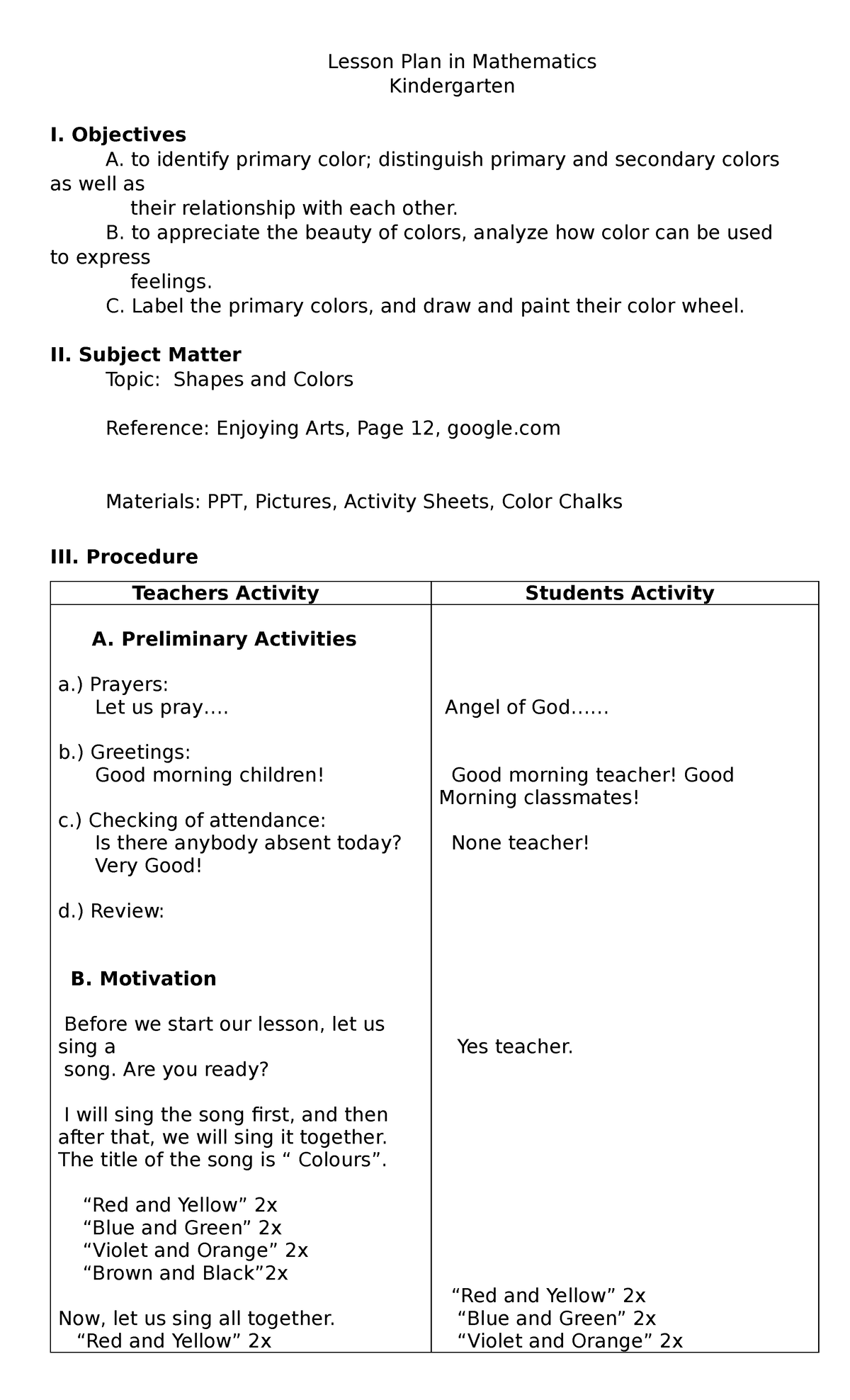 Lesson Plan: Shapes & Colors in Math (Kindergarten I) - Studocu