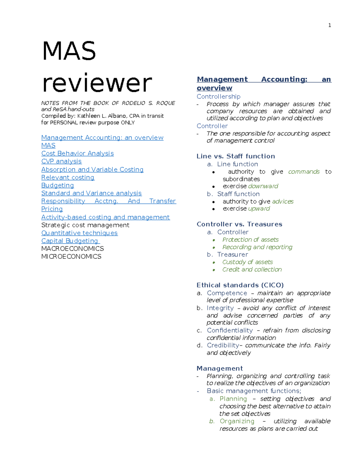 MAS Reviewer: Management Accounting Concepts and Techniques - Studocu