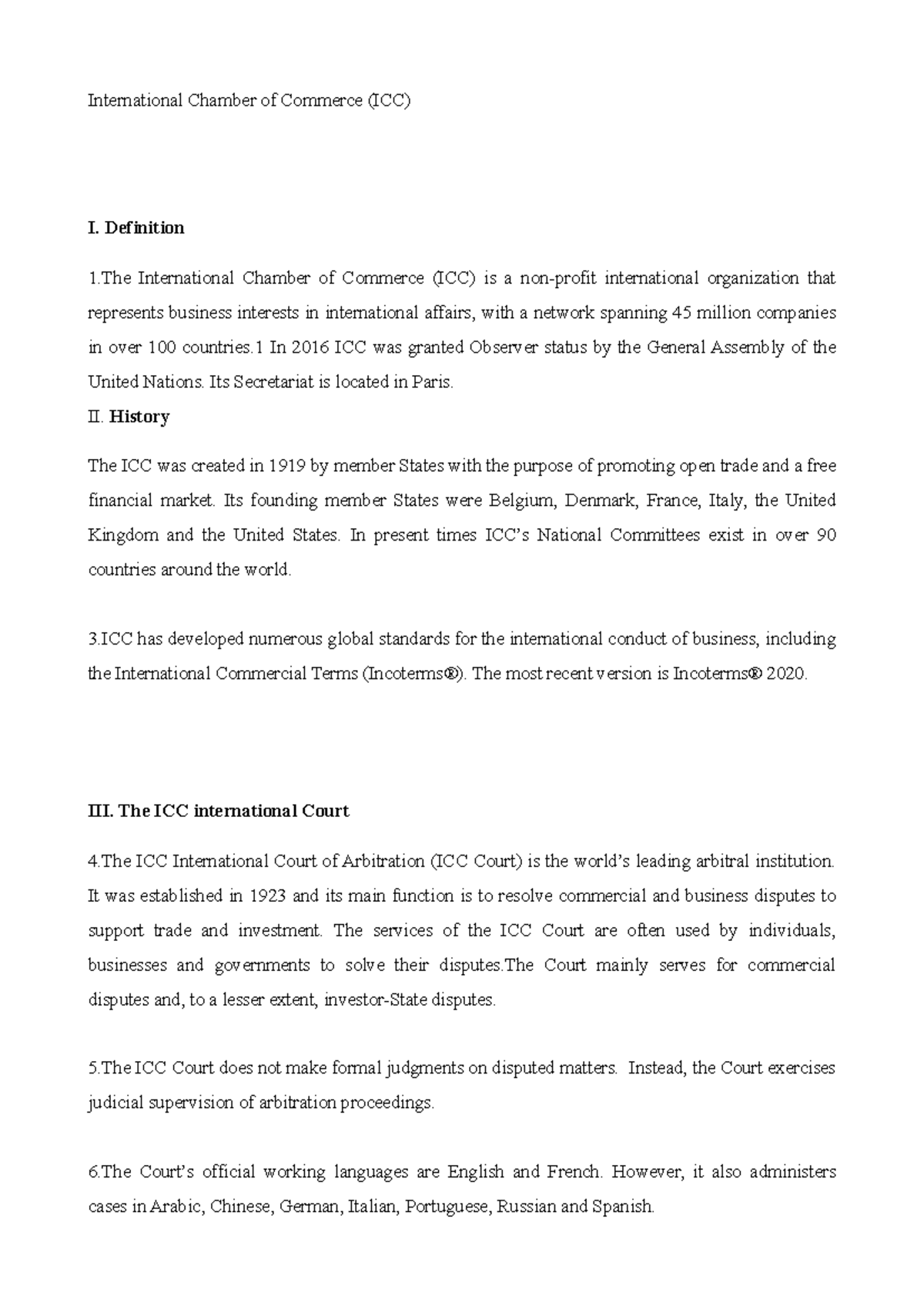 ICC - International Chamber of Commerce Overview and Arbitration Rules -  Studocu