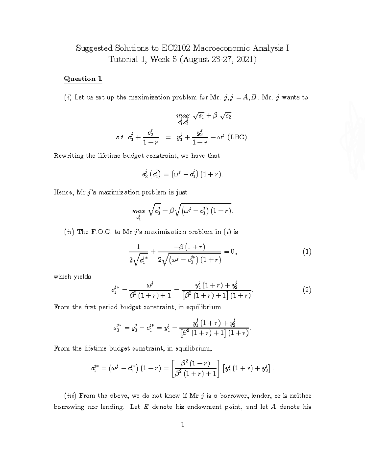 EC2102 Macroeconomic Analysis I: Solutions to Tutorial 1 - Studocu