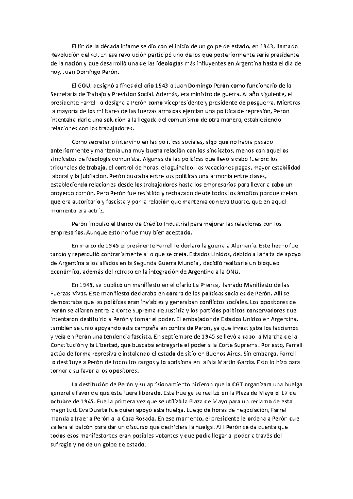 Resumen del Peronismo y su Impacto en la Historia Argentina - Studocu