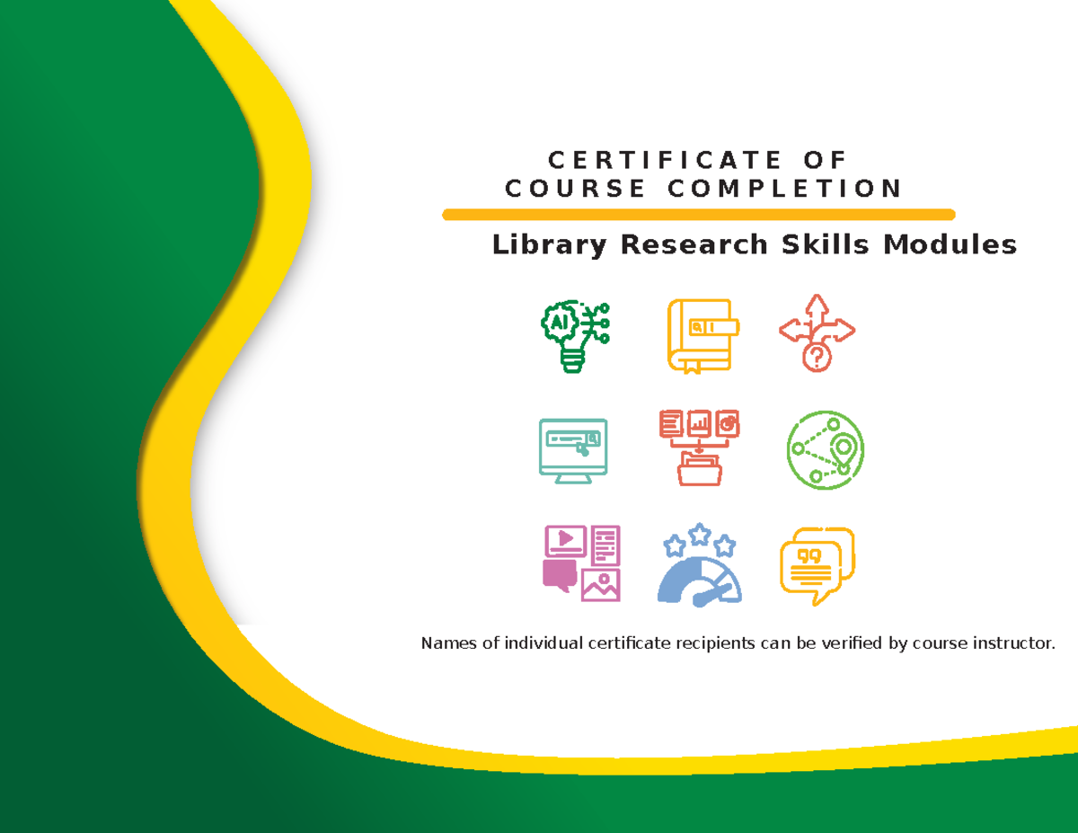 Library Research Skills End of Course Certificate - Wrs102 - C E R T I ...