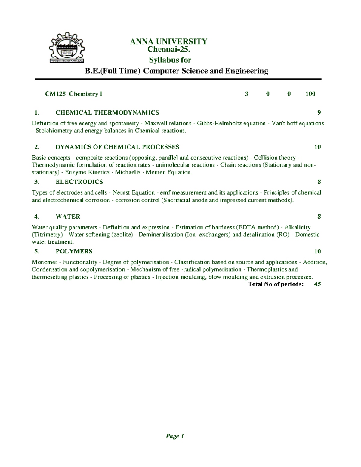 Anna University Syllabus for B.E. CSE: CM125 Chemistry I & More - Studocu