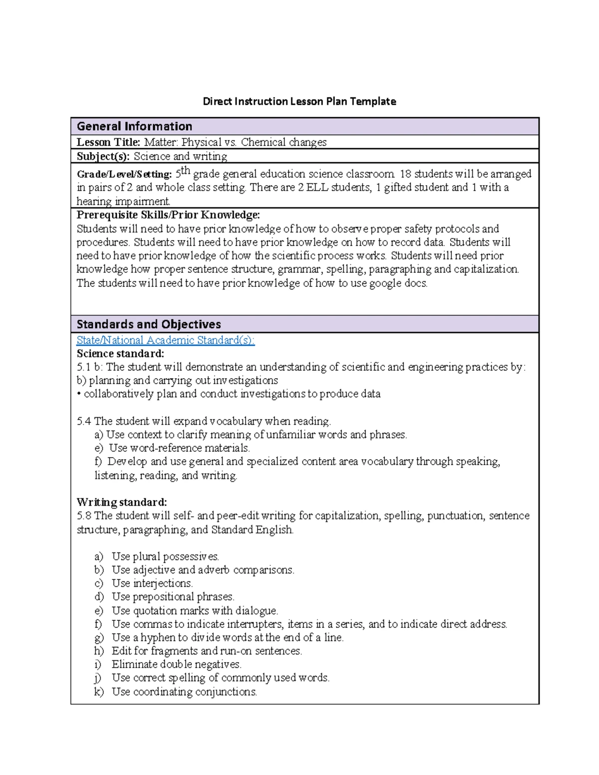3rd Grade Lessonplan - Task 1 Lesson plan - Direct Instruction Lesson ...