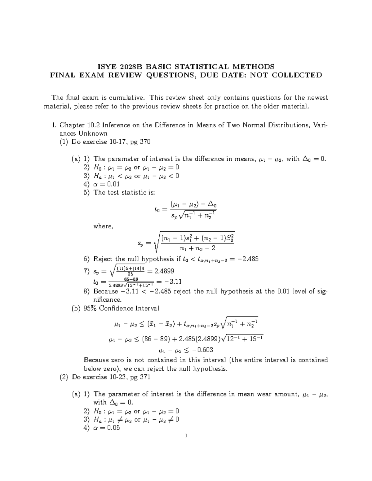 Review - Final Exam Solutions - ISYE 2028B BASIC STATISTICAL METHODS ...