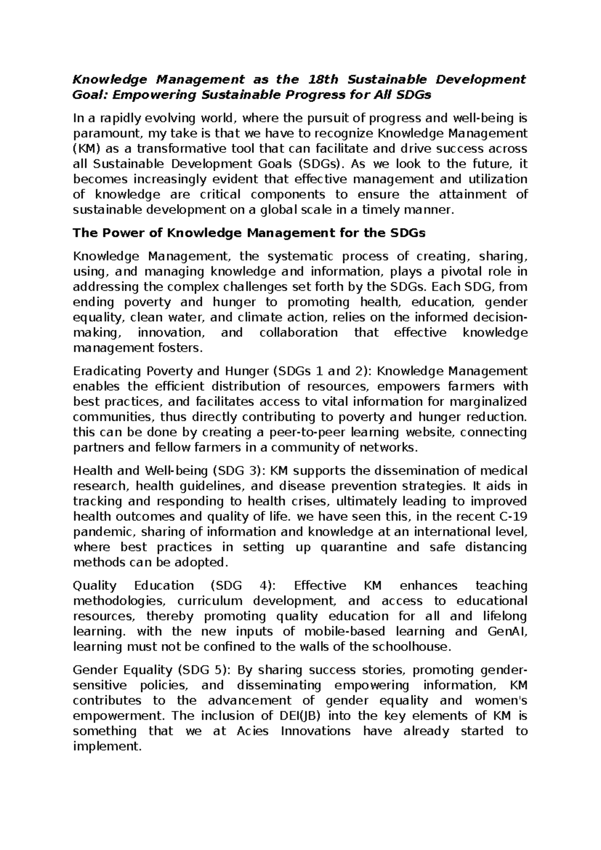 Knowledge Management Sustainable Development Goal - Knowledge ...