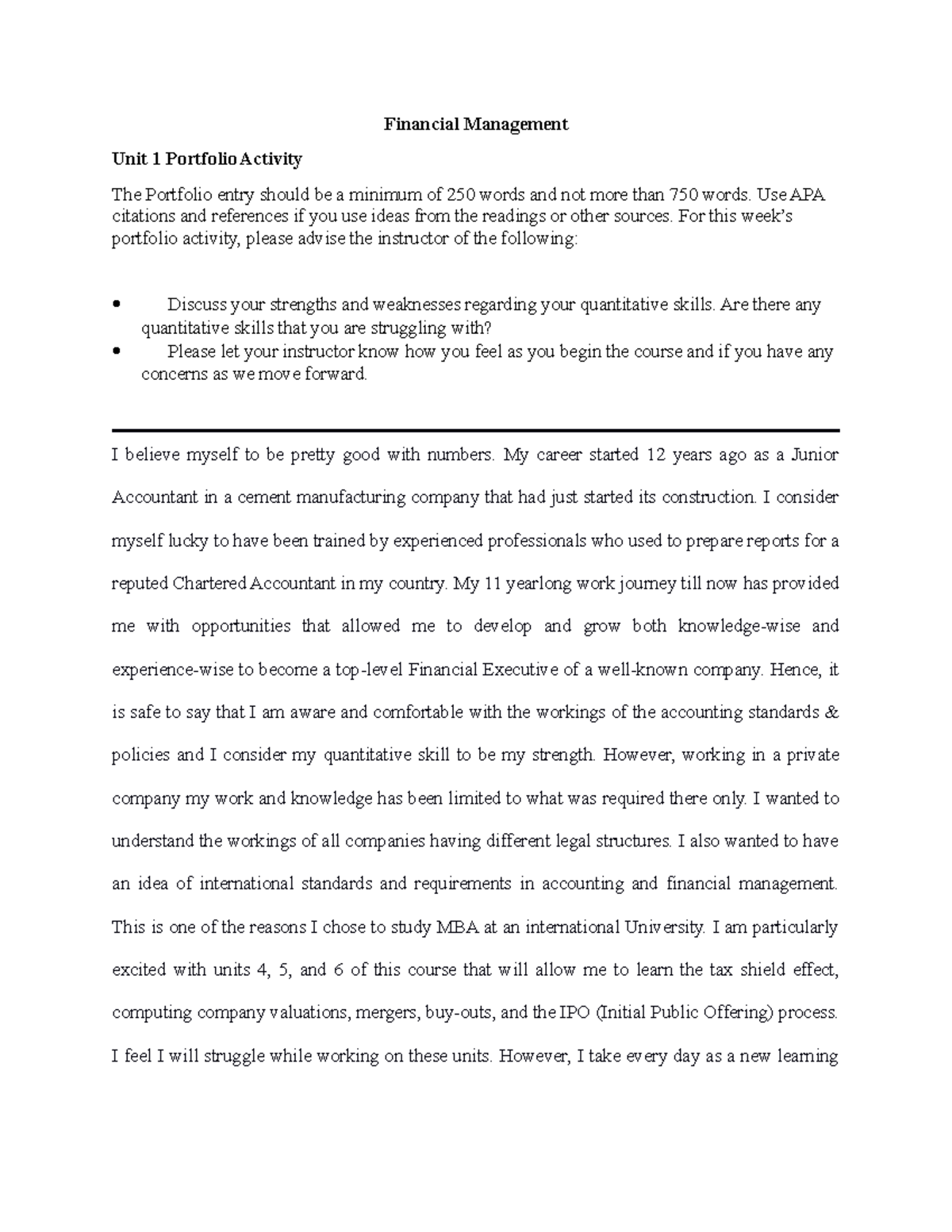 Financial Management Unit 1 Portfolio Activity - Use APA citations and ...