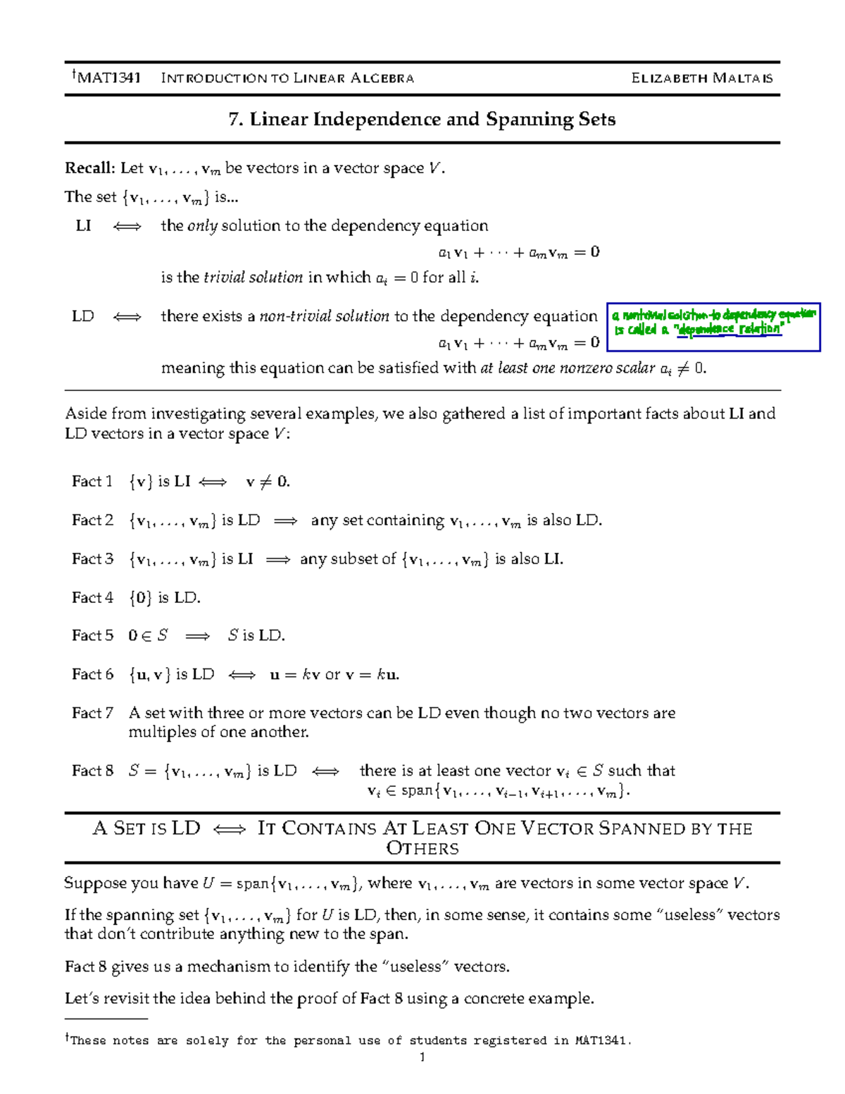 MAT1341 Final Exam Notes: Linear Independence & Spanning Sets - Studocu