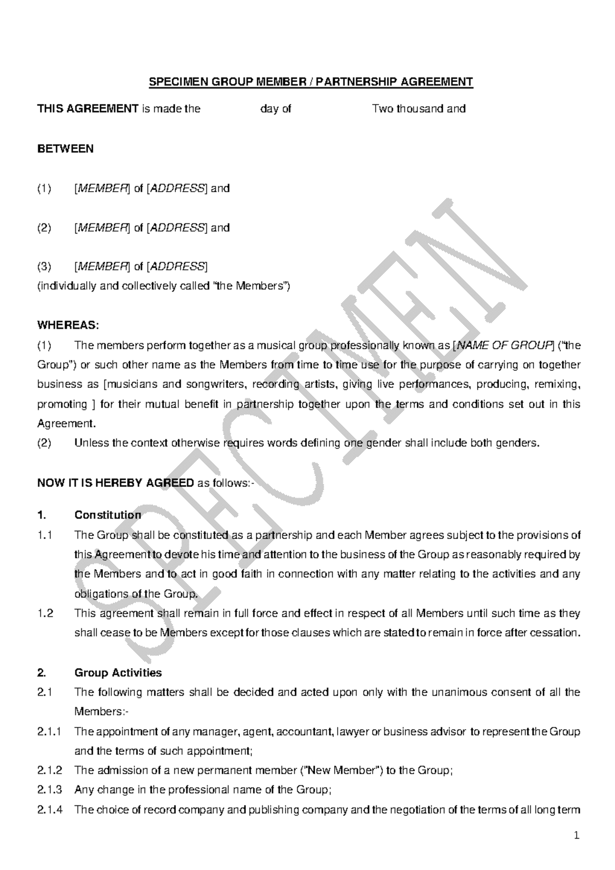 Specimen Group Member Partnership Agreement Document - Studocu