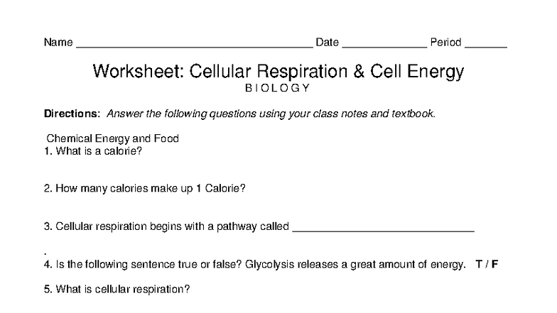 Worksheet: Cellular Respiration & Cell Energy - BIOLOGY - Studocu
