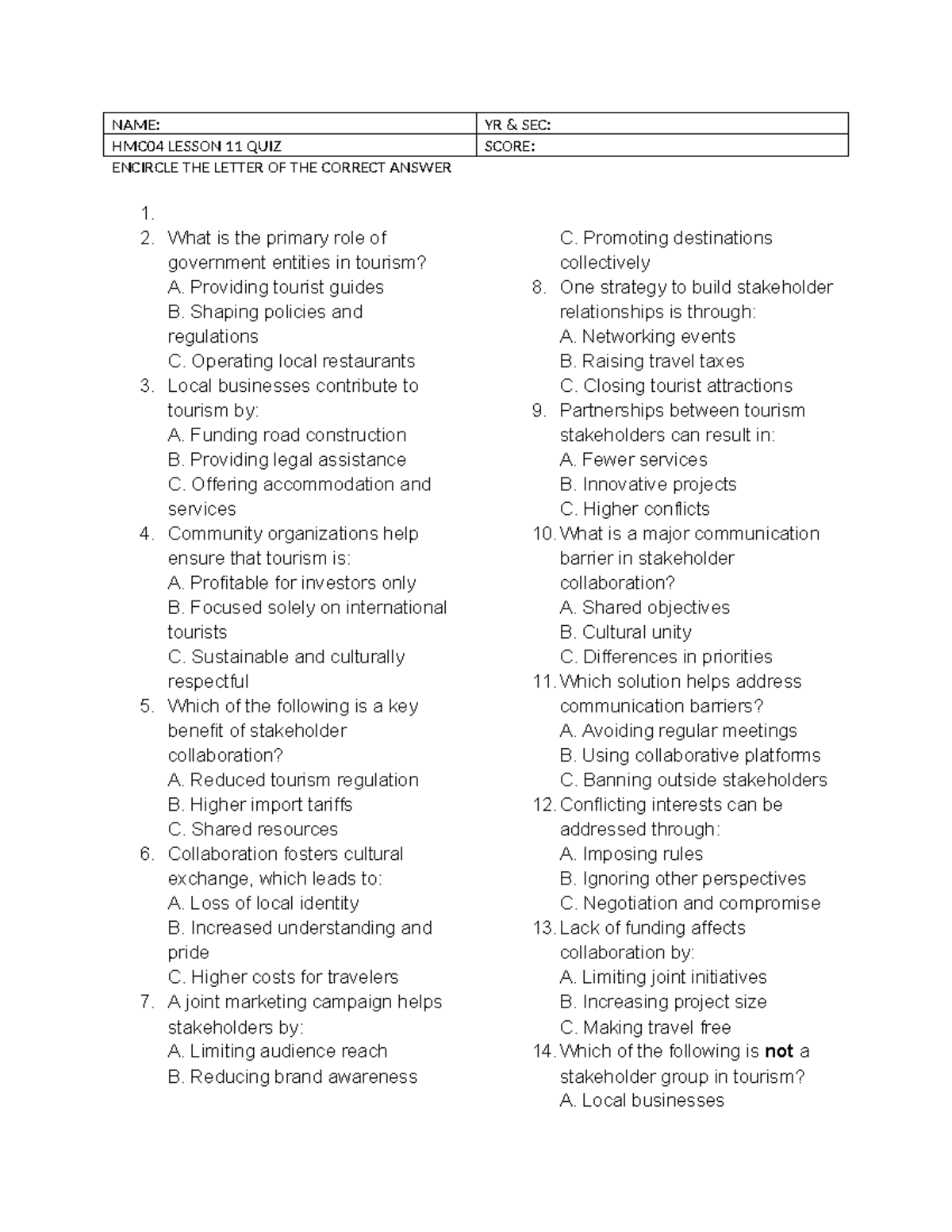 HMC04 QUIZ: Key Concepts from Lesson 11 and 12 in Tourism Collaboration ...